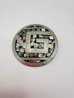 Vintage Mexican Alpaca Silver Brooch: Abalone, Mother of Pearl & Onyx
